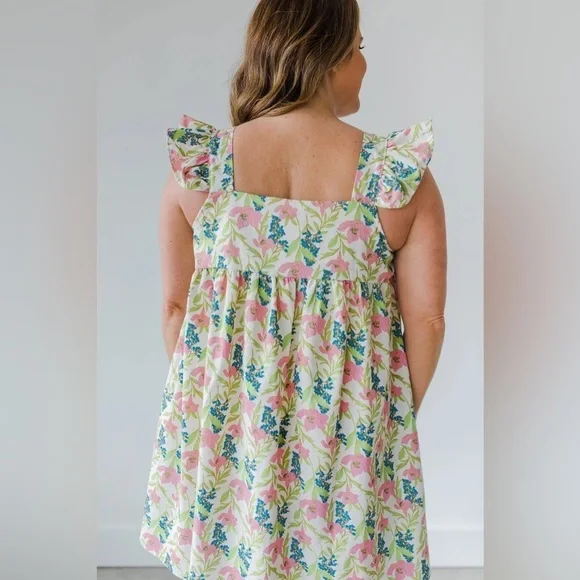 Linen floral block print babydoll mini dress ruffle pyjama square neck flutter - Picture 5 of 14